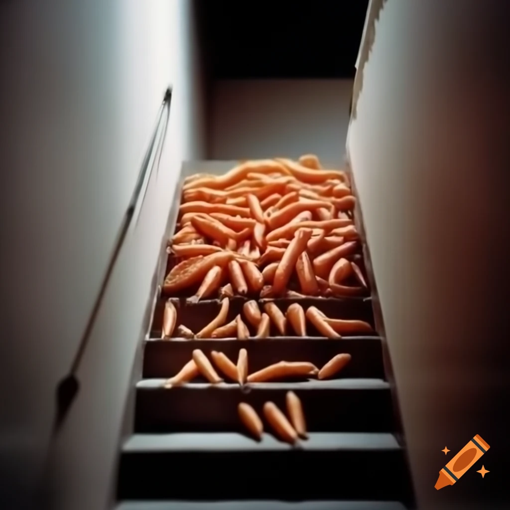 Carrots animatedly walking up stairs in a whimsical scene