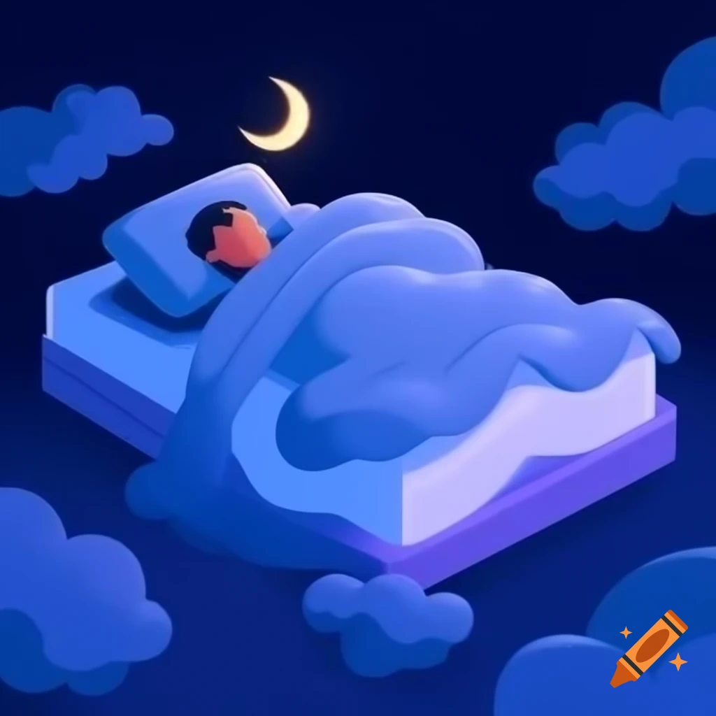 Stylized figure drifting into sleep on cloud-like mattress with gentle moonlight