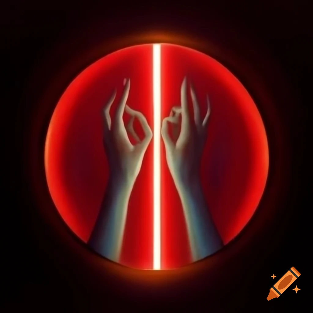 Disembodied hands framed by red light shine in colored pencil drawing