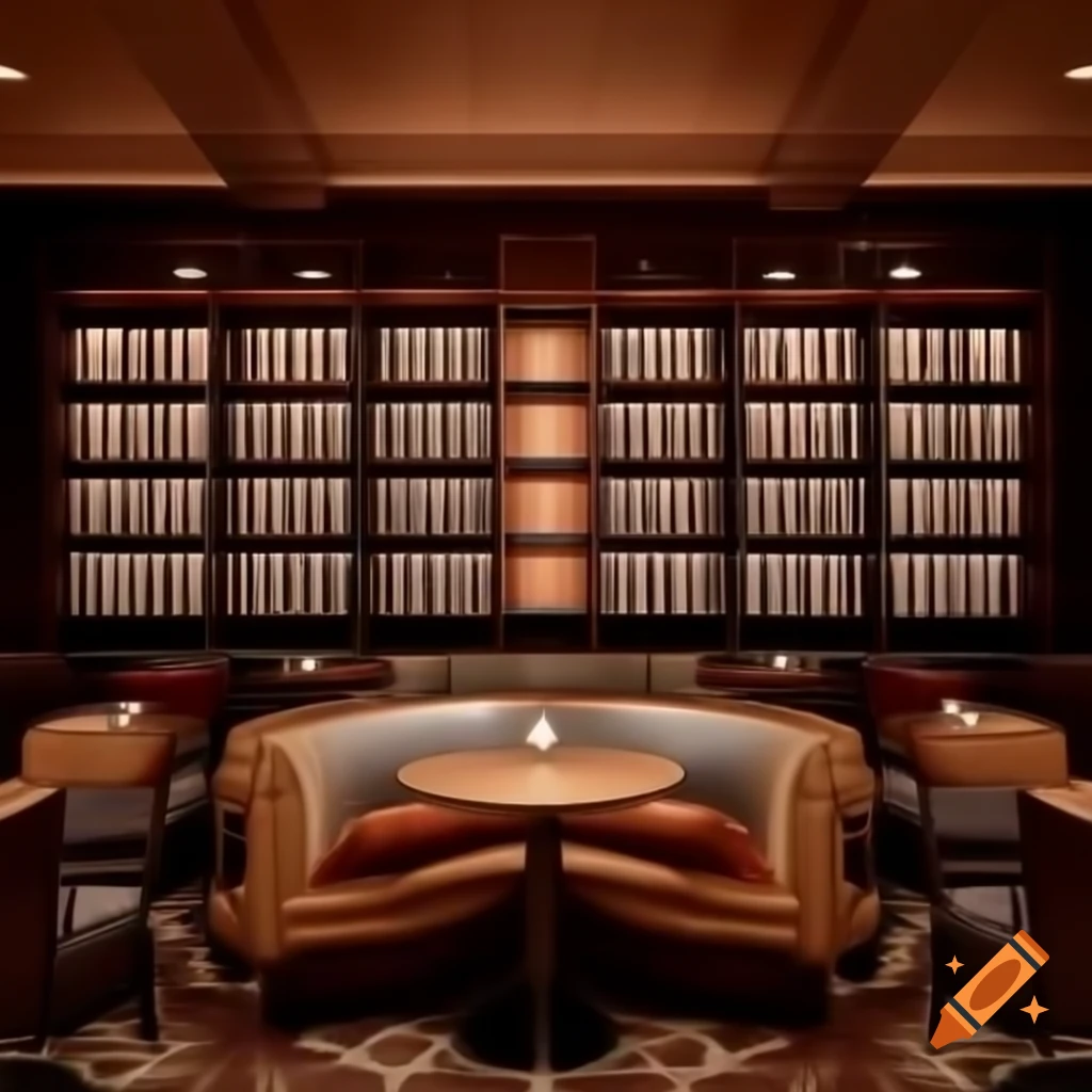 Upscale cafe with vinyl record shelves and warm dark color palette