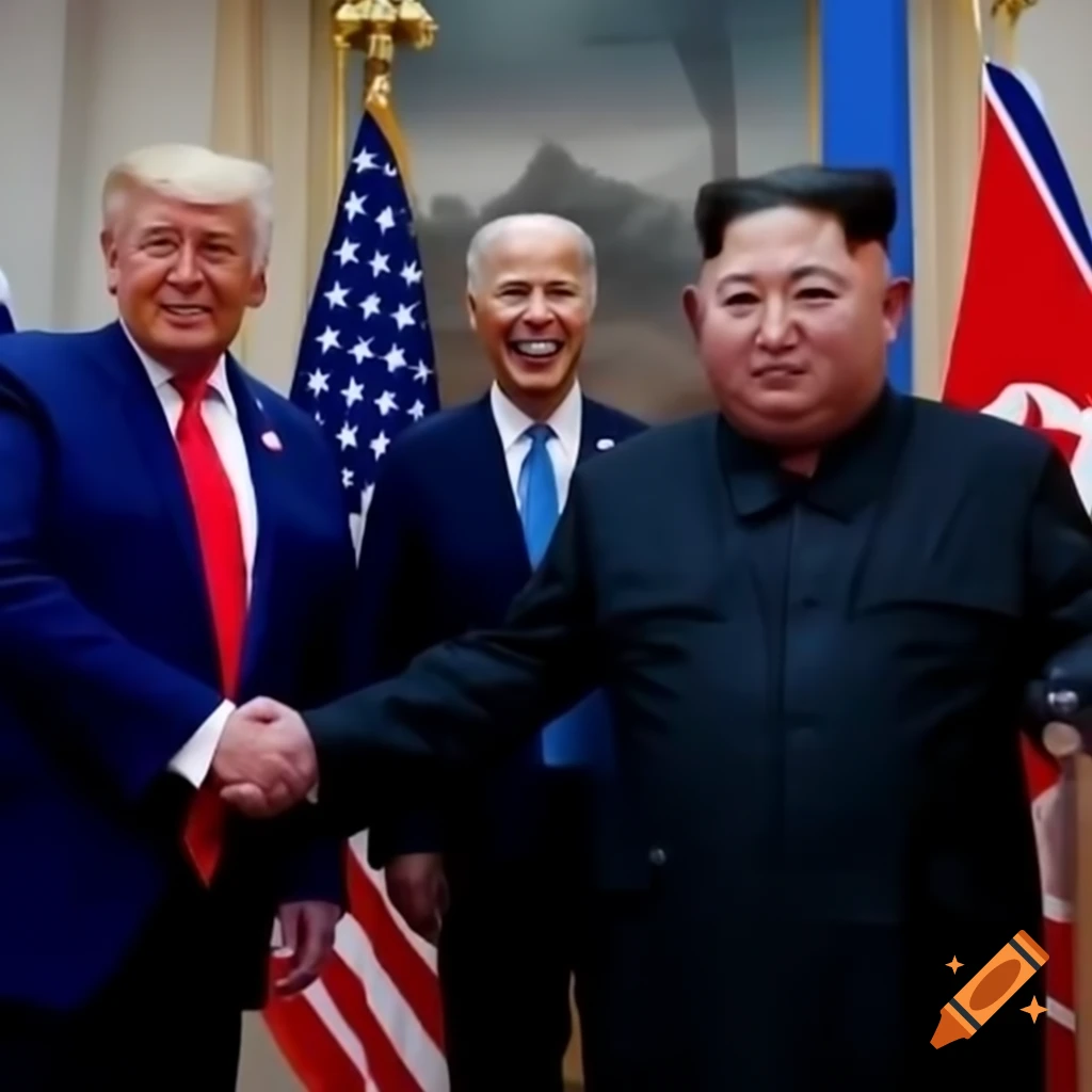 Political leaders Biden, Trump, and Kim Jong Un standing together