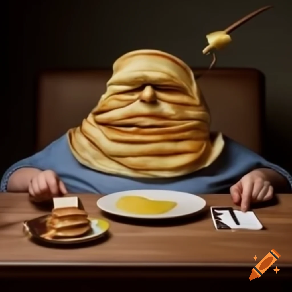 Unique playful interpretation of pancake face covered in syrup and butter