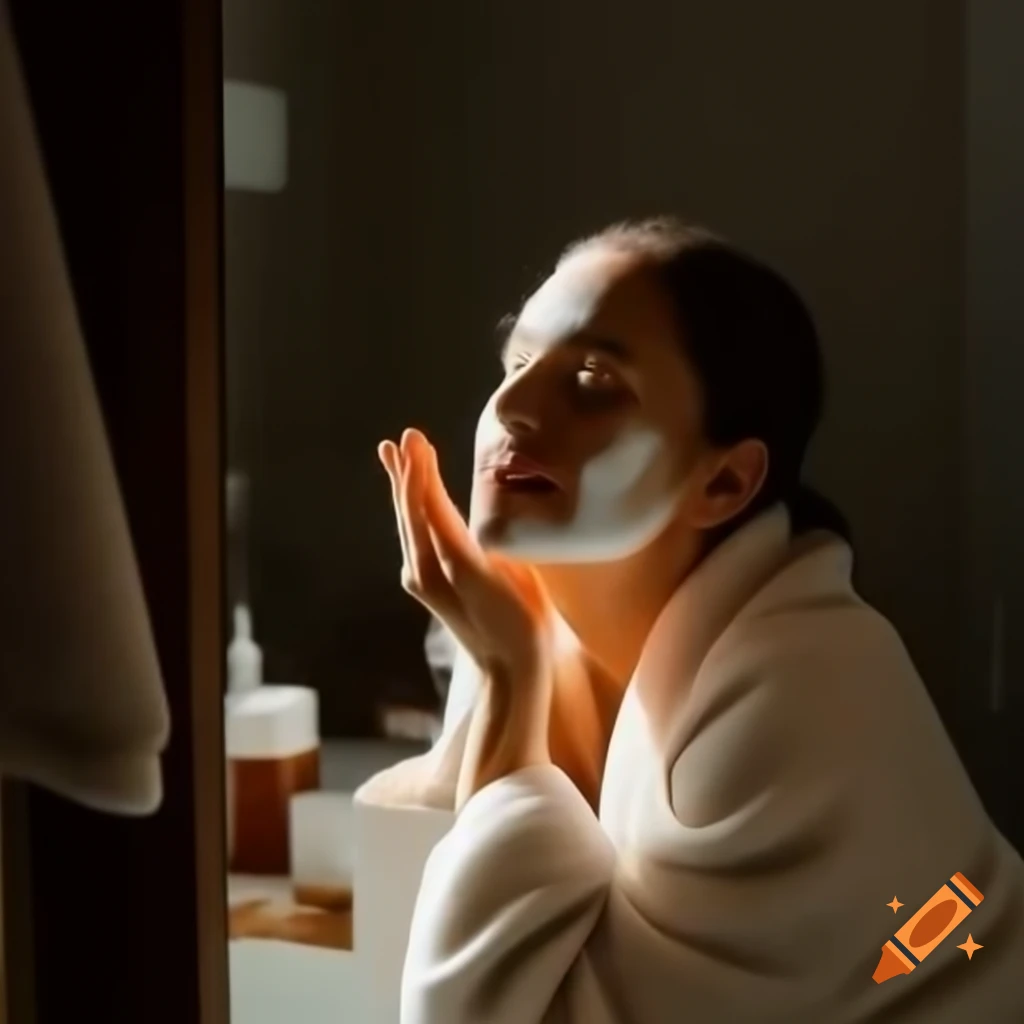 Woman in cozy robe applying night cream in softly lit bathroom