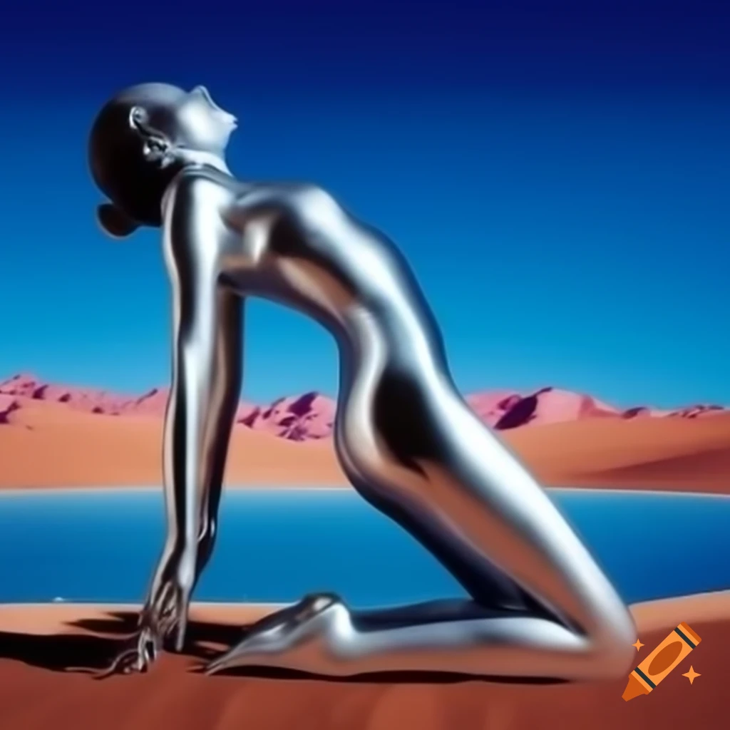 Pop surreal photography of woman silver statue in desert with blue lake