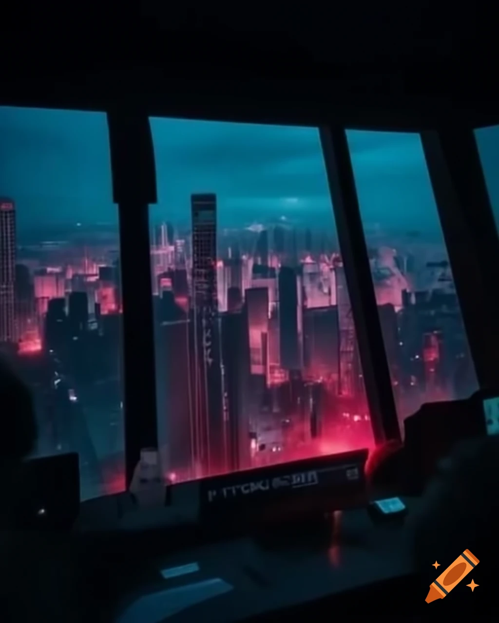 Cyberpunk scene with neon sky and low-light building windows in analogue film style
