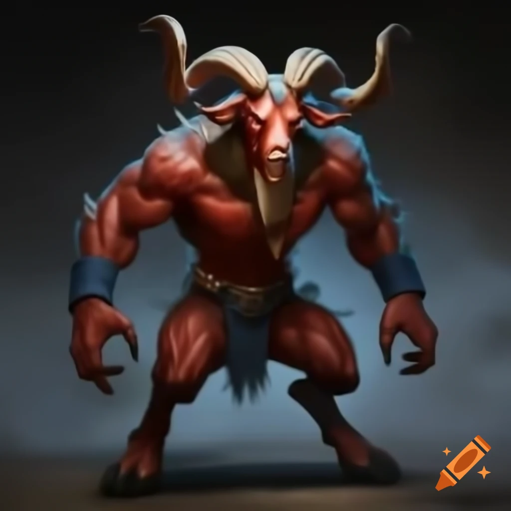 Powerful goat-headed demon with large horns and muscular legs in standing posture