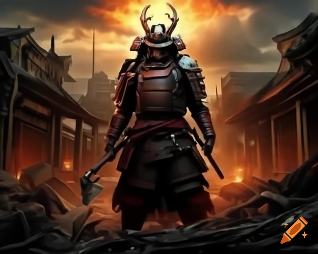 Cybernetic samurai with battle axe and plasma glow in apocalyptic setting