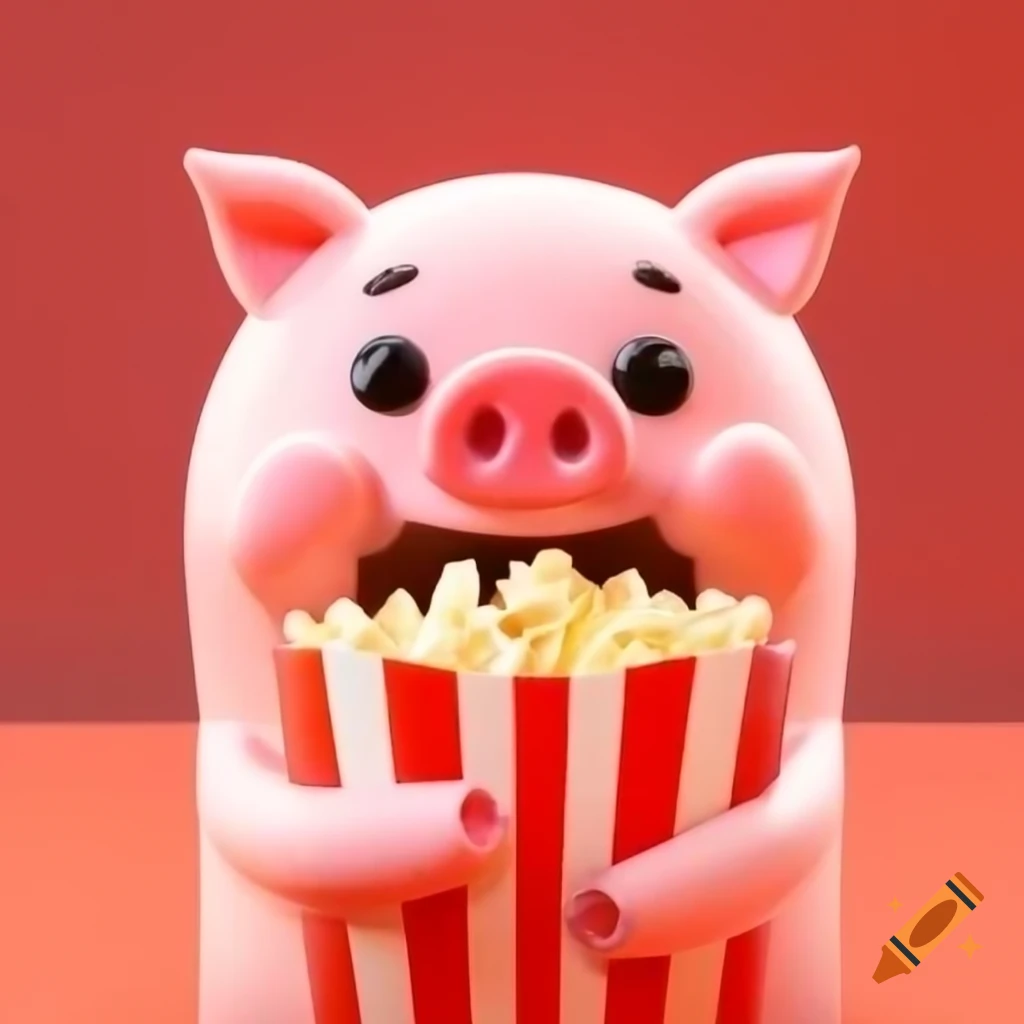 Pig enjoying snacks with popcorn
