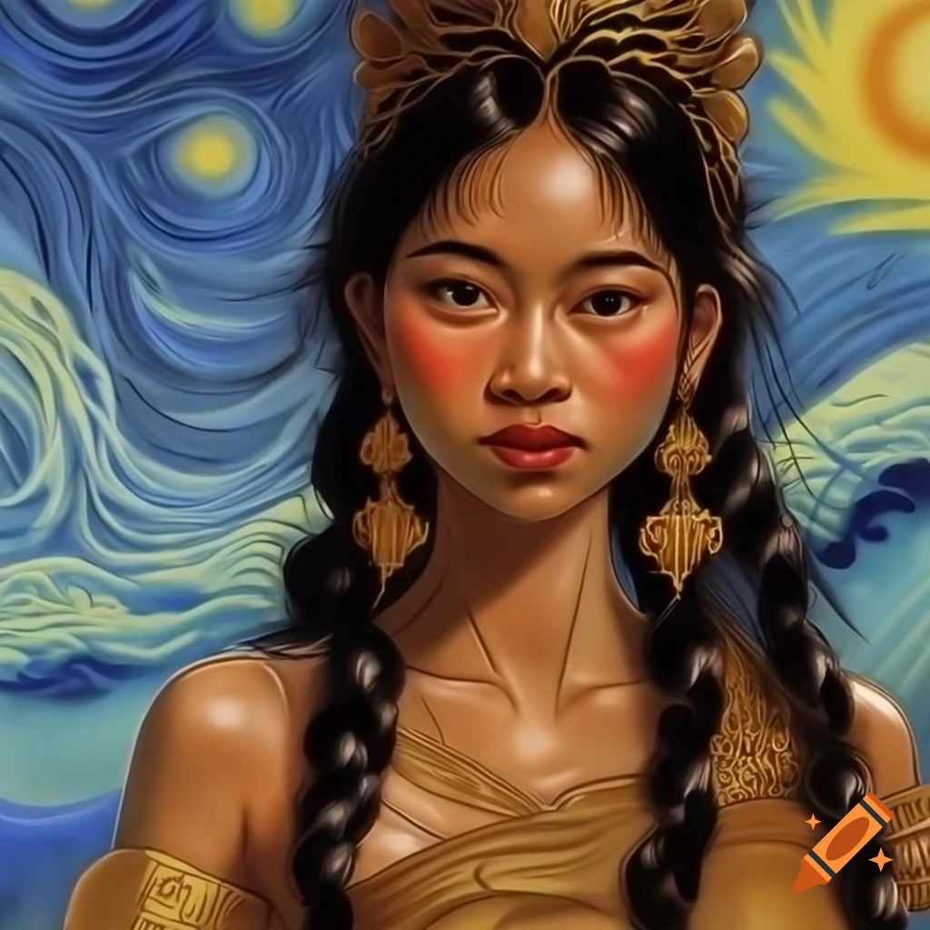 Young Cambodian woman cosplaying as ancient goddess in Van Gogh-style watercolor