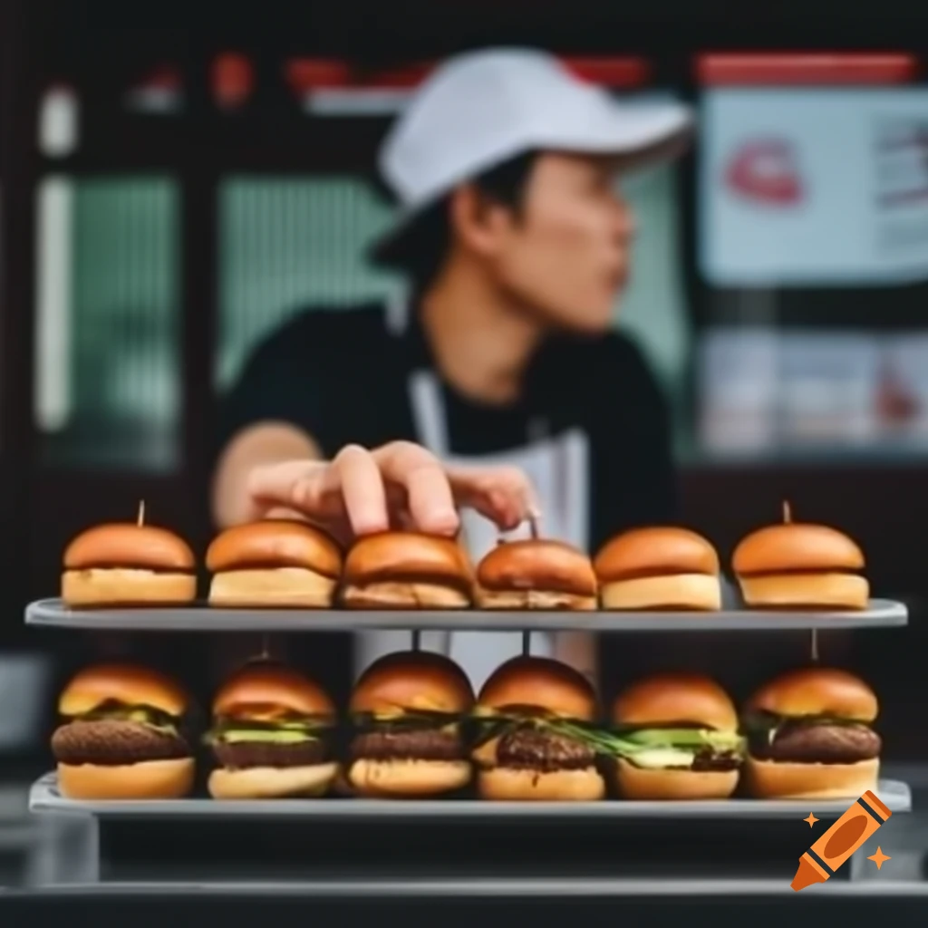 Person flipping burgers at a burger stand in Korea