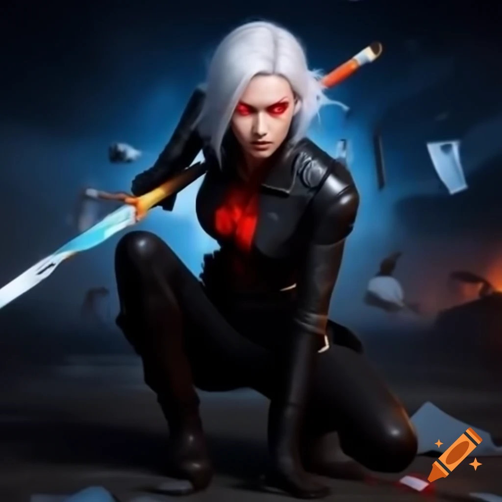 Character from Metal Gear Rising, male warrior with white hair and sword in futuristic outfit