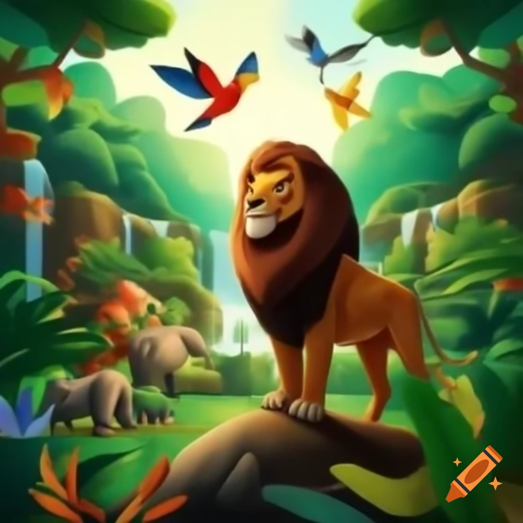 Vibrant jungle scene with lion, elephants, giraffes, and colorful birds