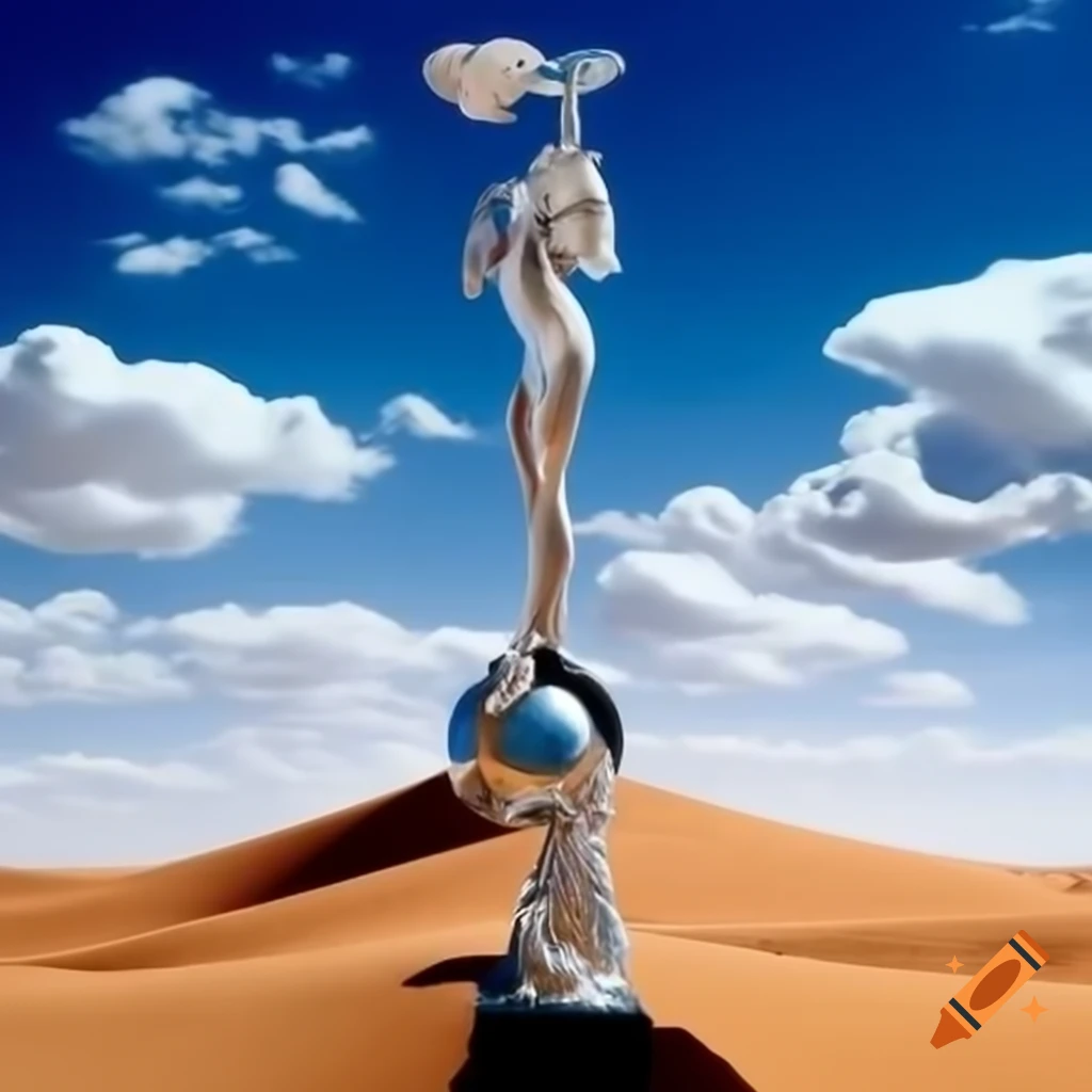 Surreal 2000s photography featuring silver statue of a woman in desert with cloudy sky