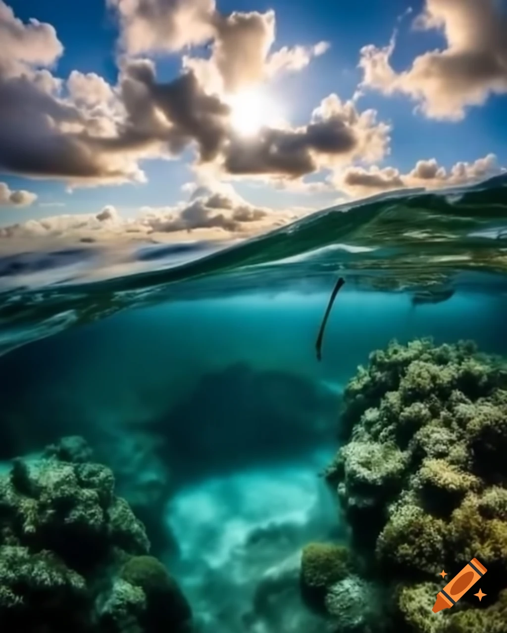 Breathtaking underwater view of coral kingdom illuminated by sunrise