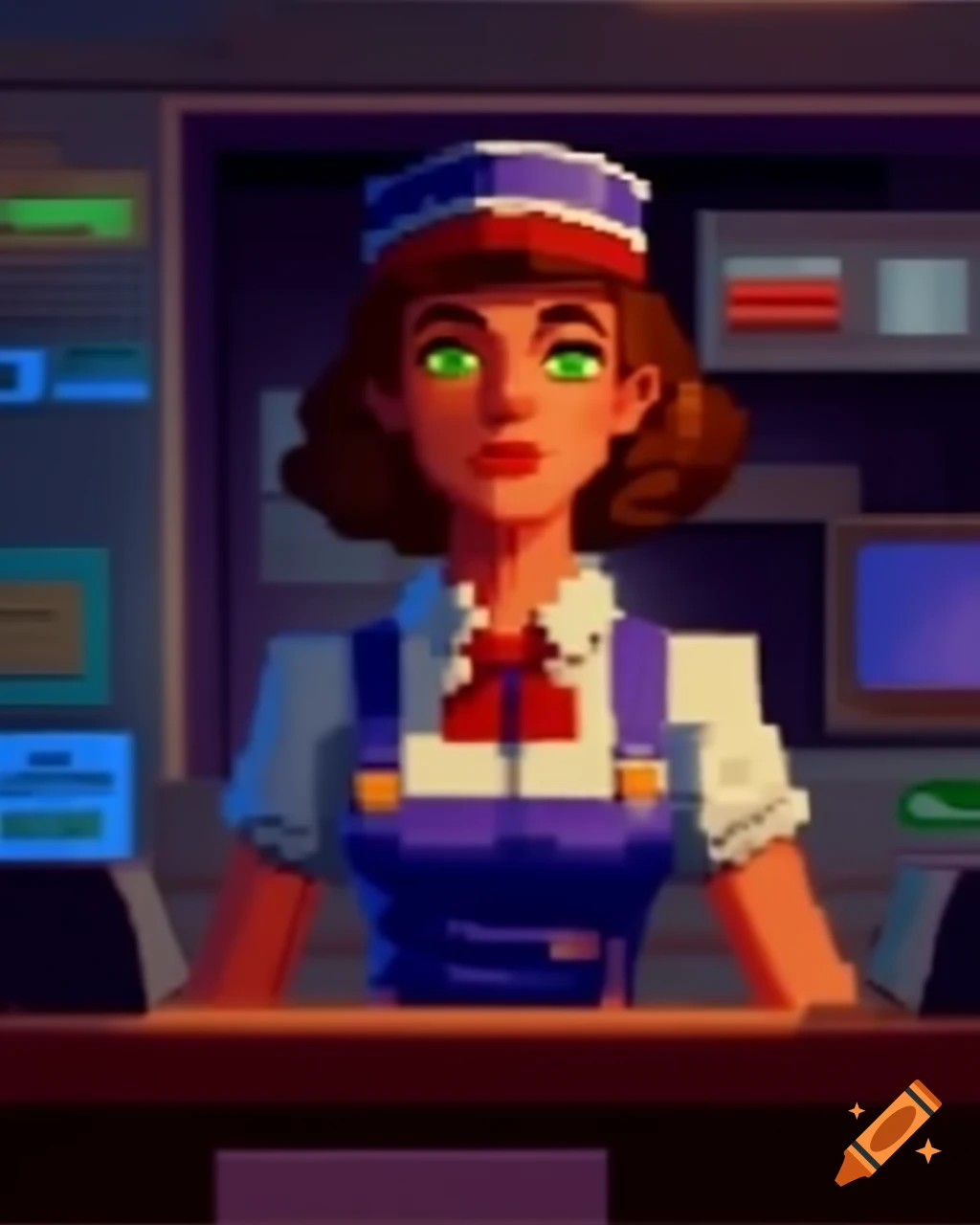 Pixelated young woman in classic cashier uniform retro 8 bit video