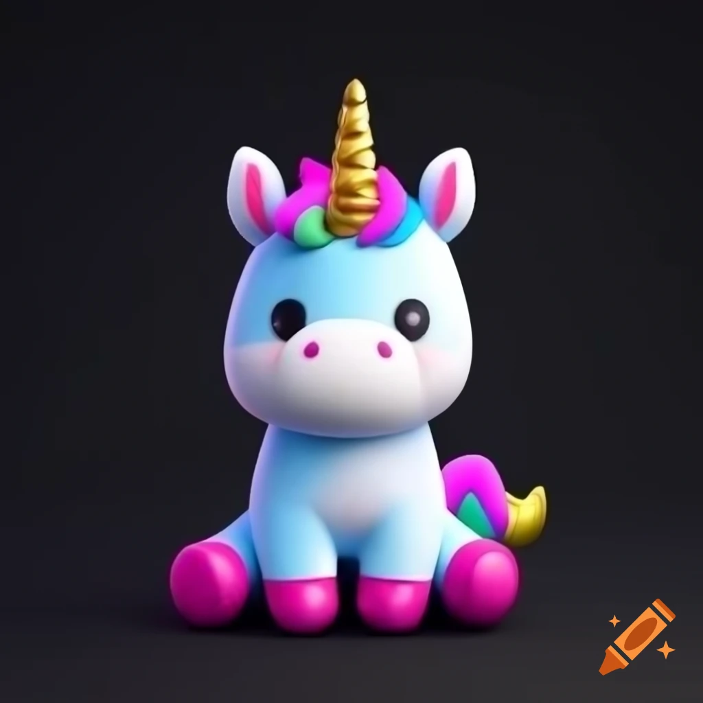 Cute unicorn plush in 3D anime style on black background