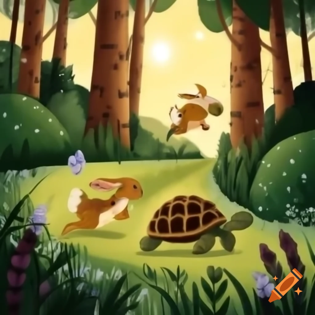 Hare and tortoise racing on forest trail with wildflowers