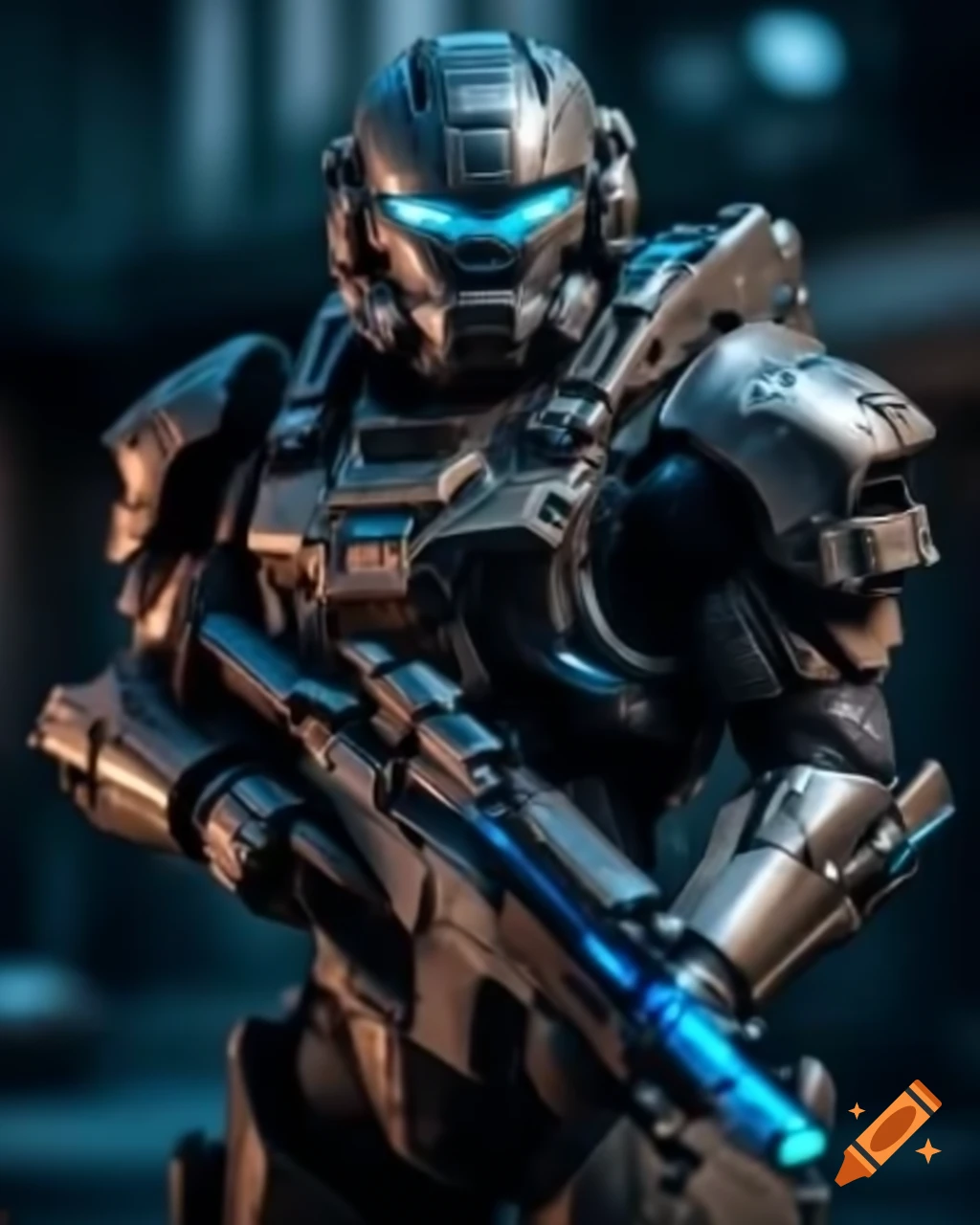 Futuristic soldier in black and blue armor with glowing eyes holding a gun