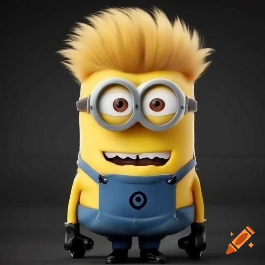 Cheerful yellow minion with trendy haircut and black outfit waving microphone