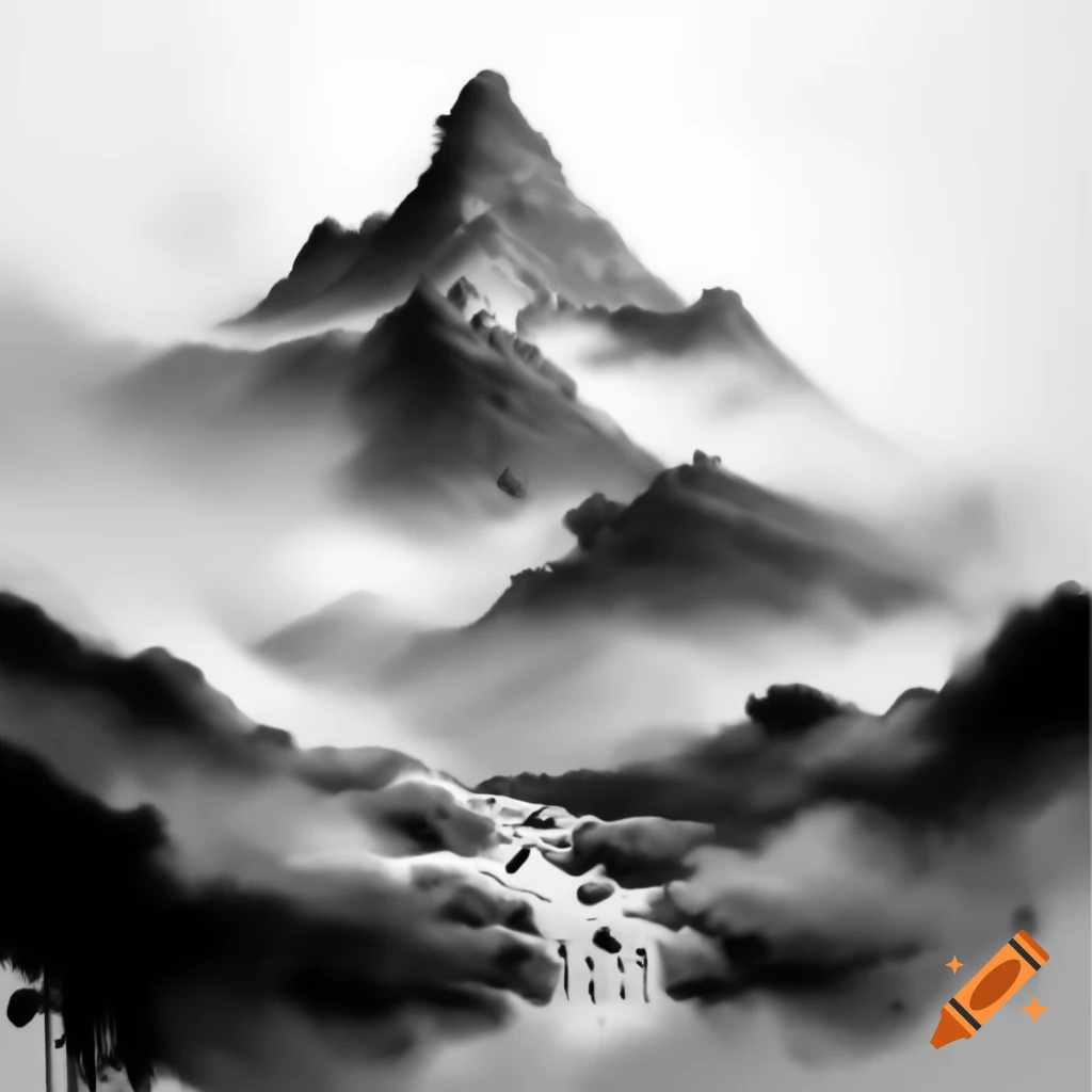 Monochrome ink painting of misty Songshan mountain with flowing stream