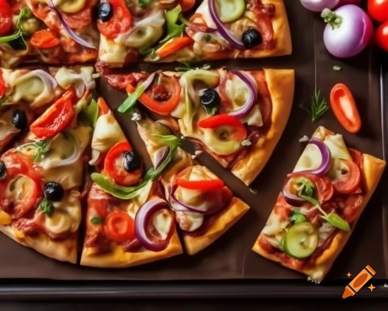 Vegetarian farmhouse pizza with fresh vegetables like capsicum, onions, tomatoes, and olives