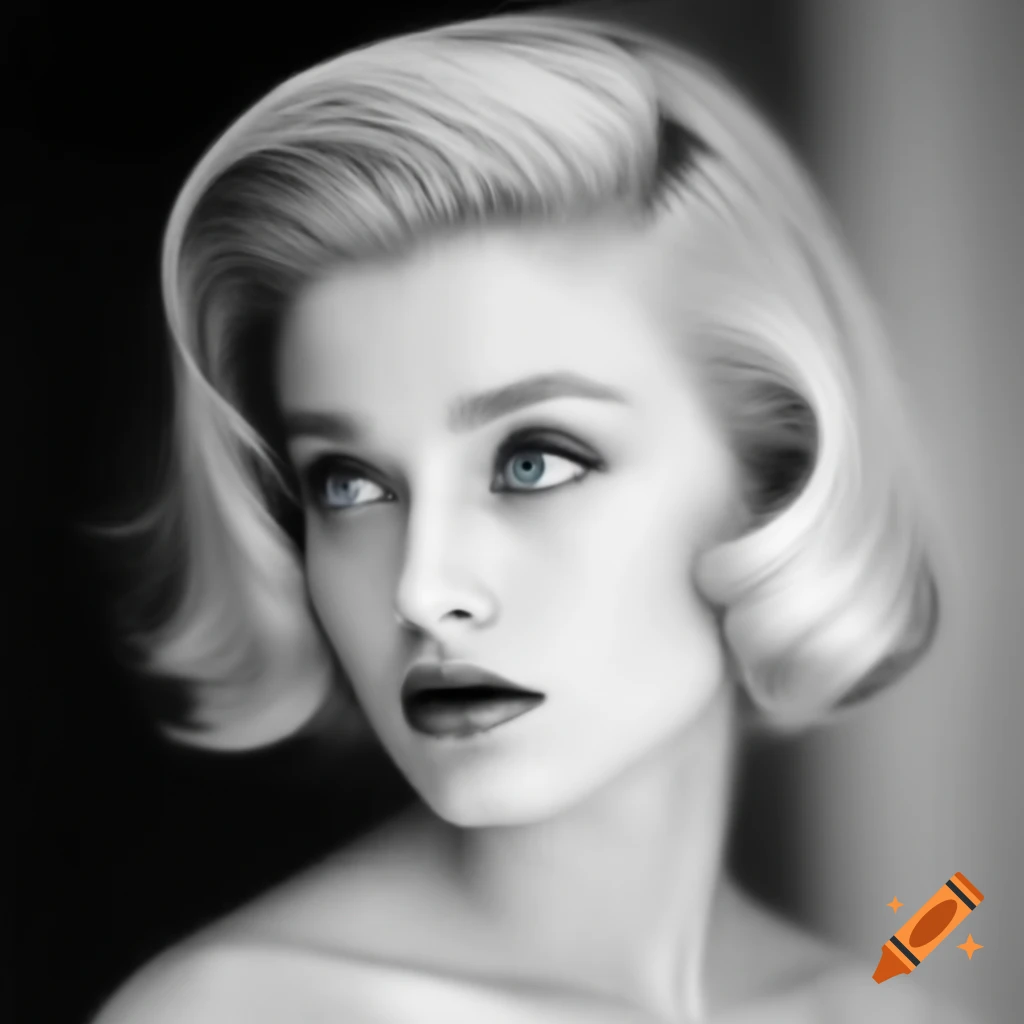 Hyper-realistic black and white photograph of a beautiful European actress from 1963 with porcelain skin and striking blue eyes