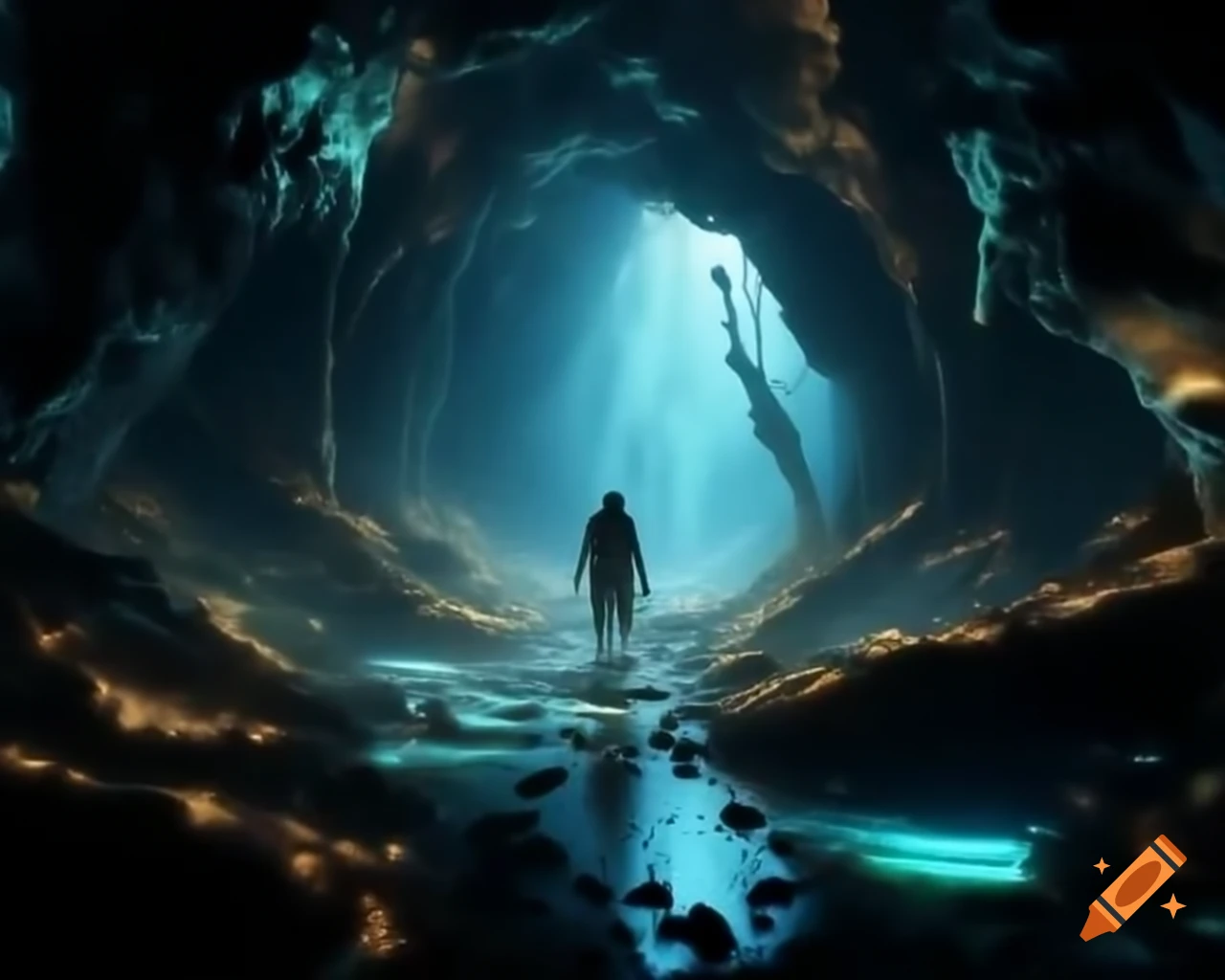 Bioluminescent trail from ominous silhouette illuminating hidden landscape