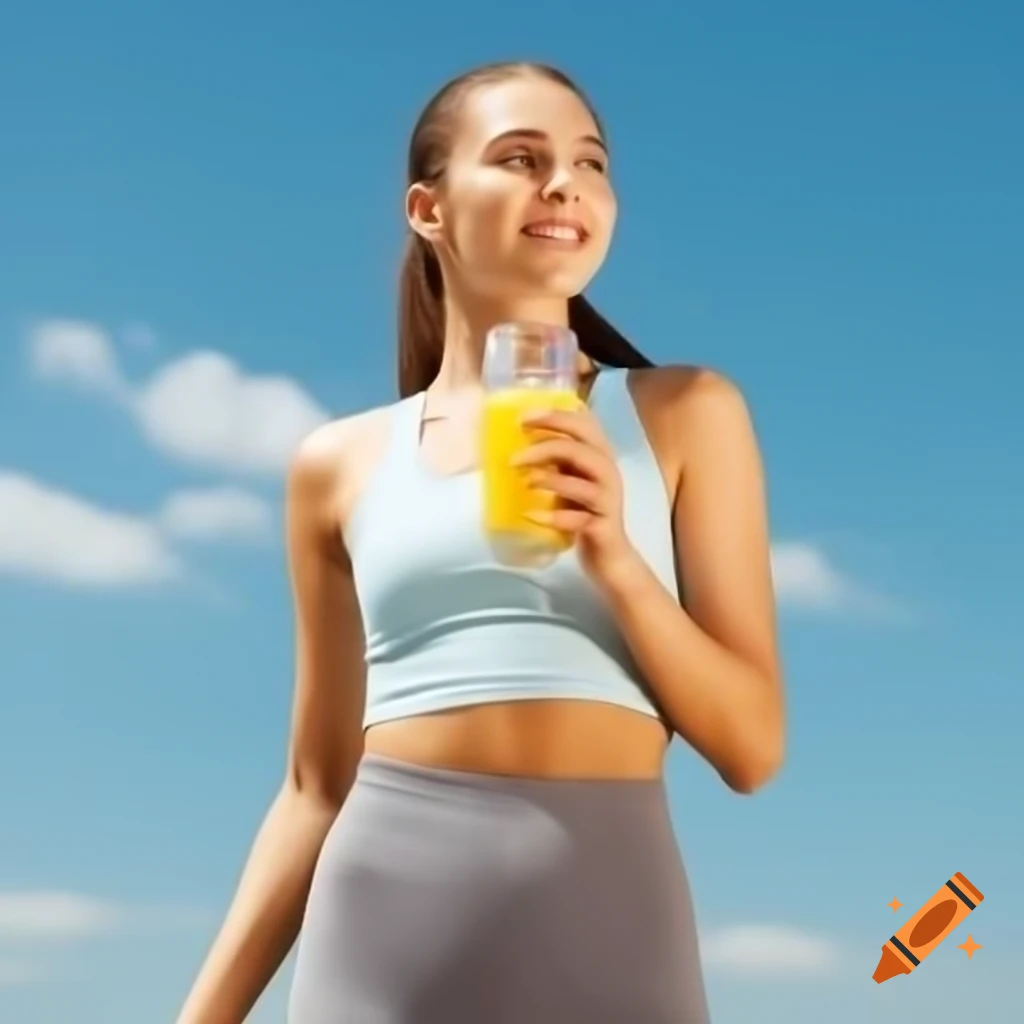 Sporty slim girl enjoying juice while standing
