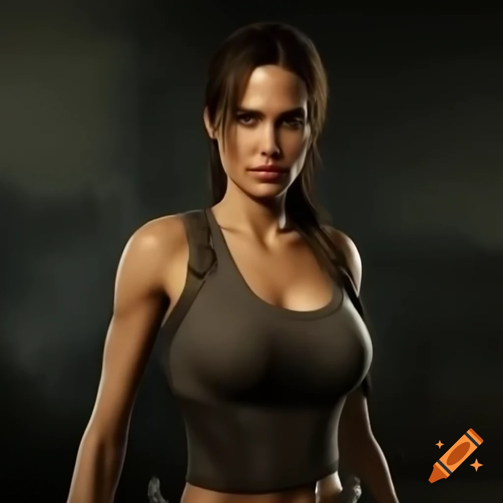 Portrait of Lara Croft, inspired by Angelina Jolie, highlighting an empowering athletic physique