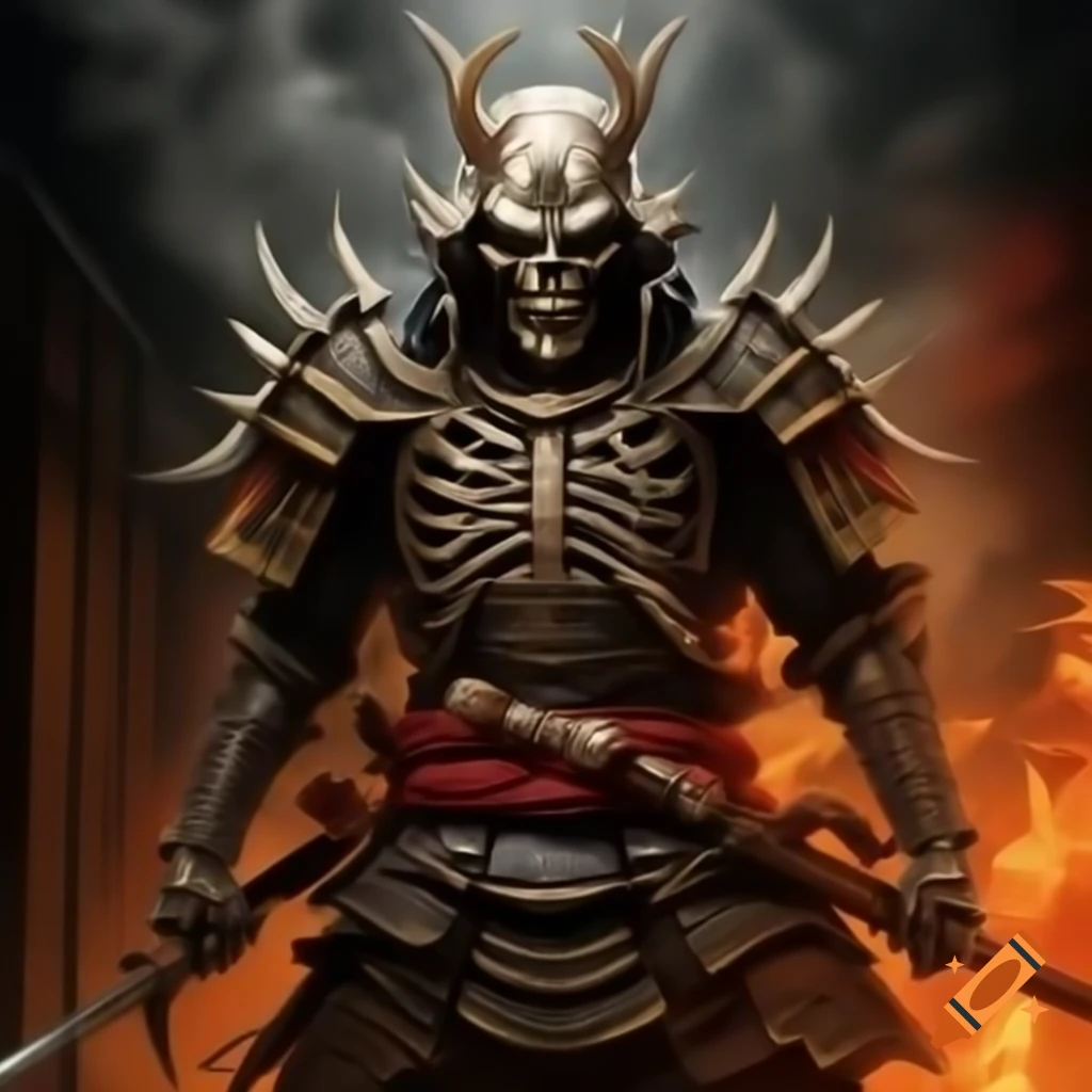 Skeletal samurai poised with raised sword against infernal firestorm