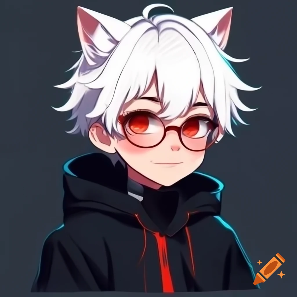 Anime character with white hair, red eyes, and fox ears in a black jacket