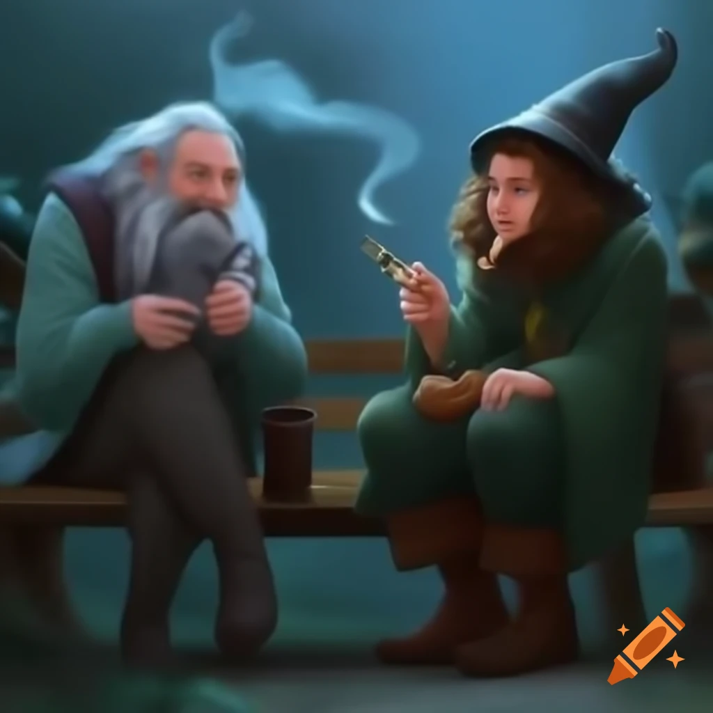 Hobbit and wizard meeting outside hobbit hole, surprised expression