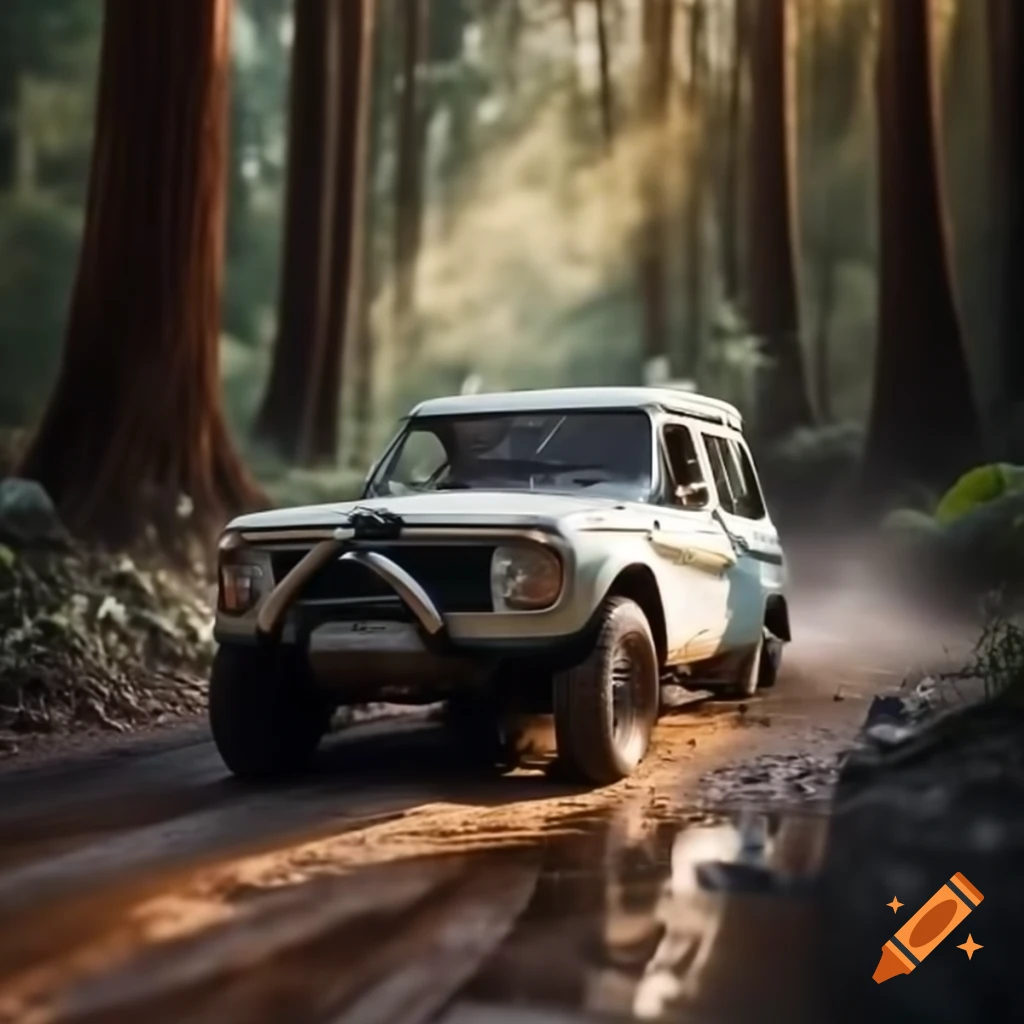 Vintage white Peugeot 504 Dangel 4x4 navigating muddy Amazon jungle