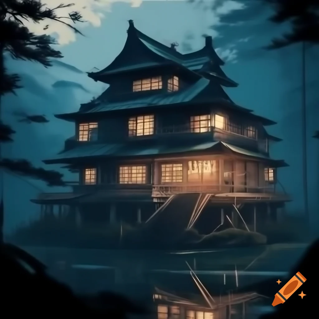 Ukiyo-e style illustration of a well-maintained secluded mansion with lights at night