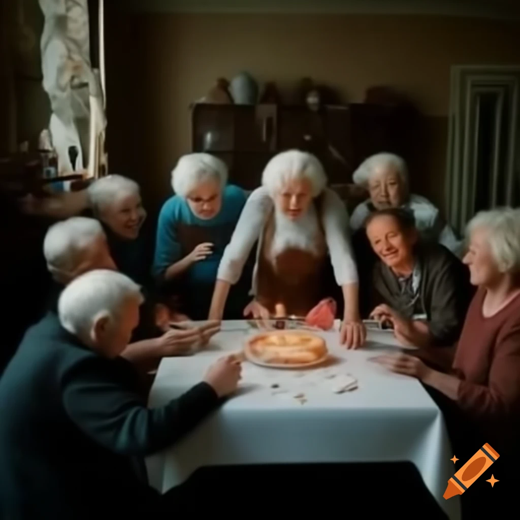Elderly people celebrating a birthday with decorations and cake