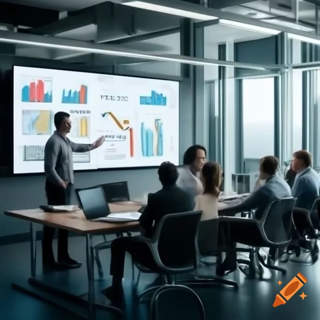 Diverse team discussing SWOT analysis chart in modern office with digital screen
