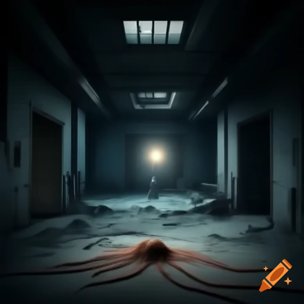 Eerie scene of tripedal slimy Nutella-like organism in darkness with searchlights