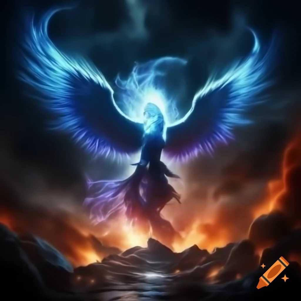 Azure blue phoenix displaying fiery energy with spread wings
