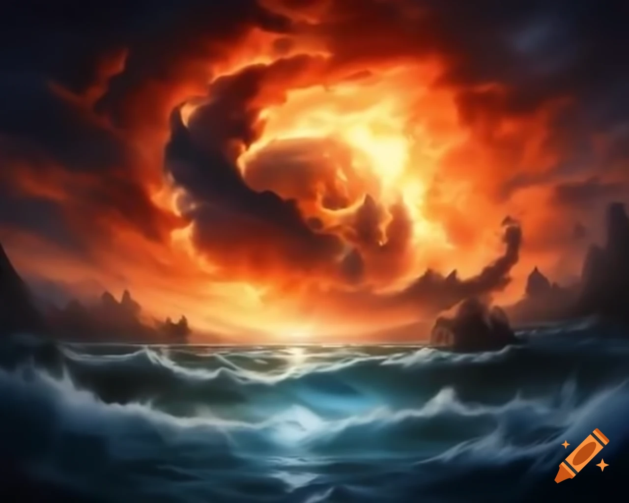 Intricate neo-hyperrealism artwork showcasing fire and water contrast