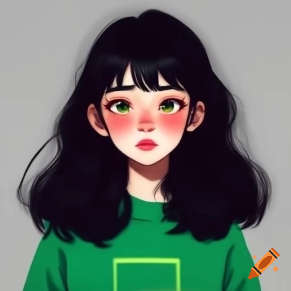 Anime character with long black wavy hair in a green sweatshirt looking in a mirror