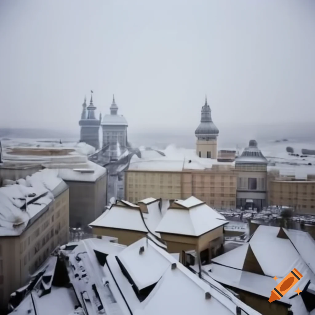 Snowy winter scene in a residential area of Prague