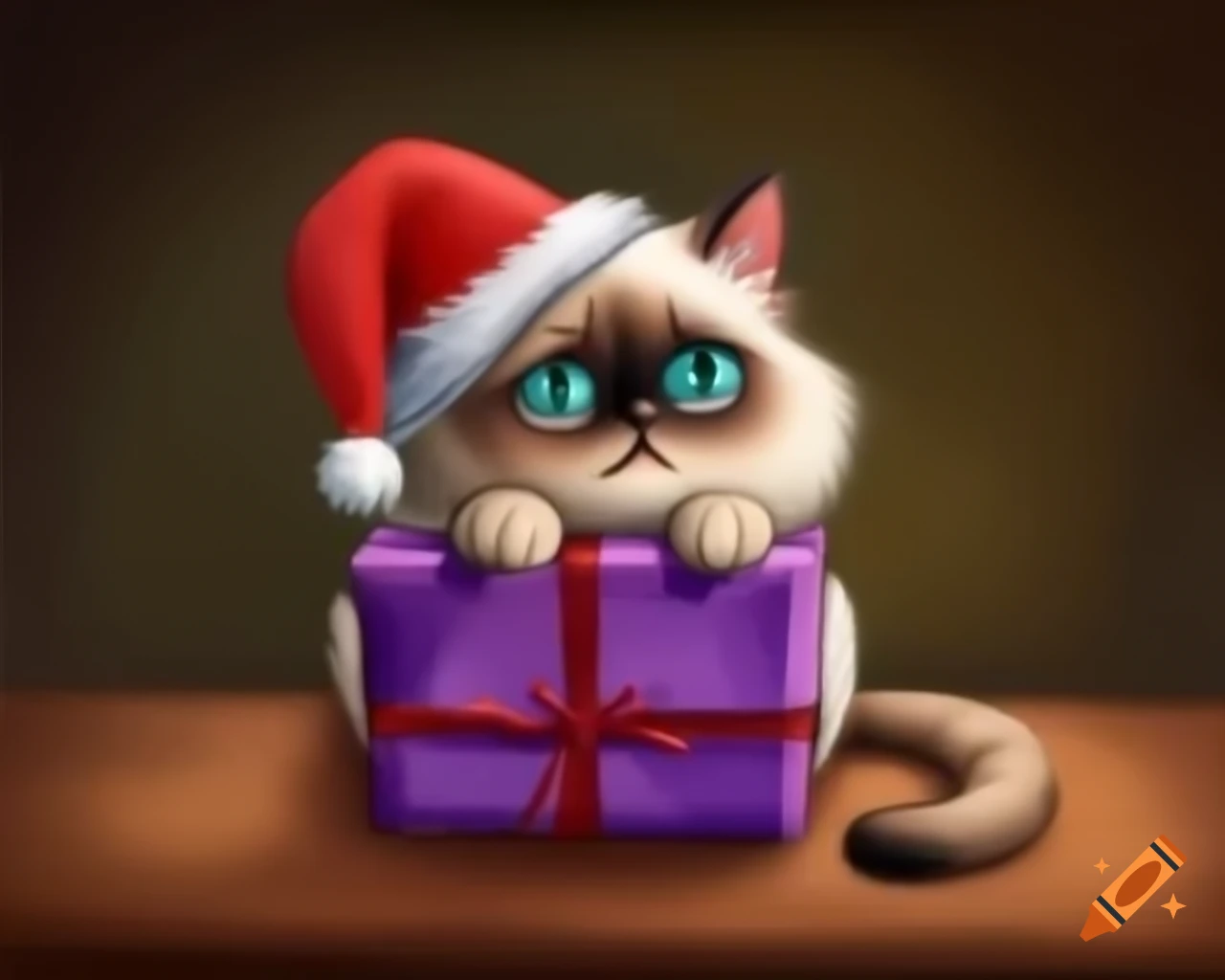 Siamese kitten in purple Christmas hat unwrapping gift, watercolor storybook style