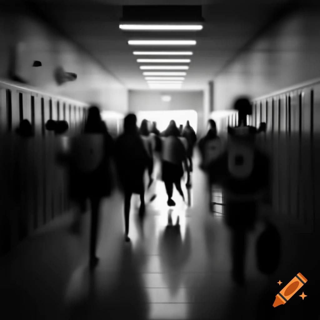 Busy school hallway with students in motion blur