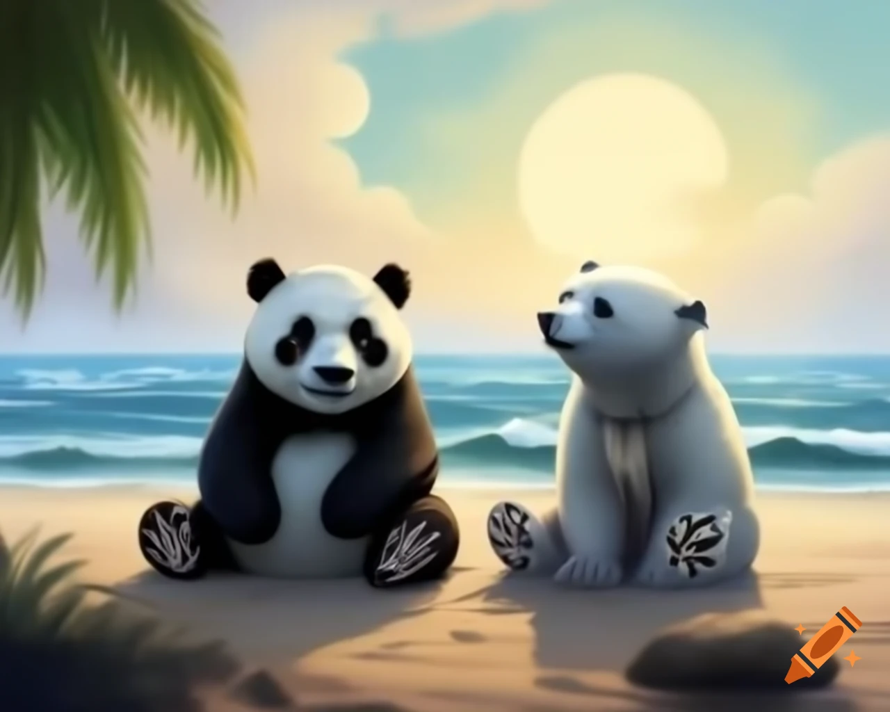 Panda and polar bear sitting on beach under palm trees, detailed painting