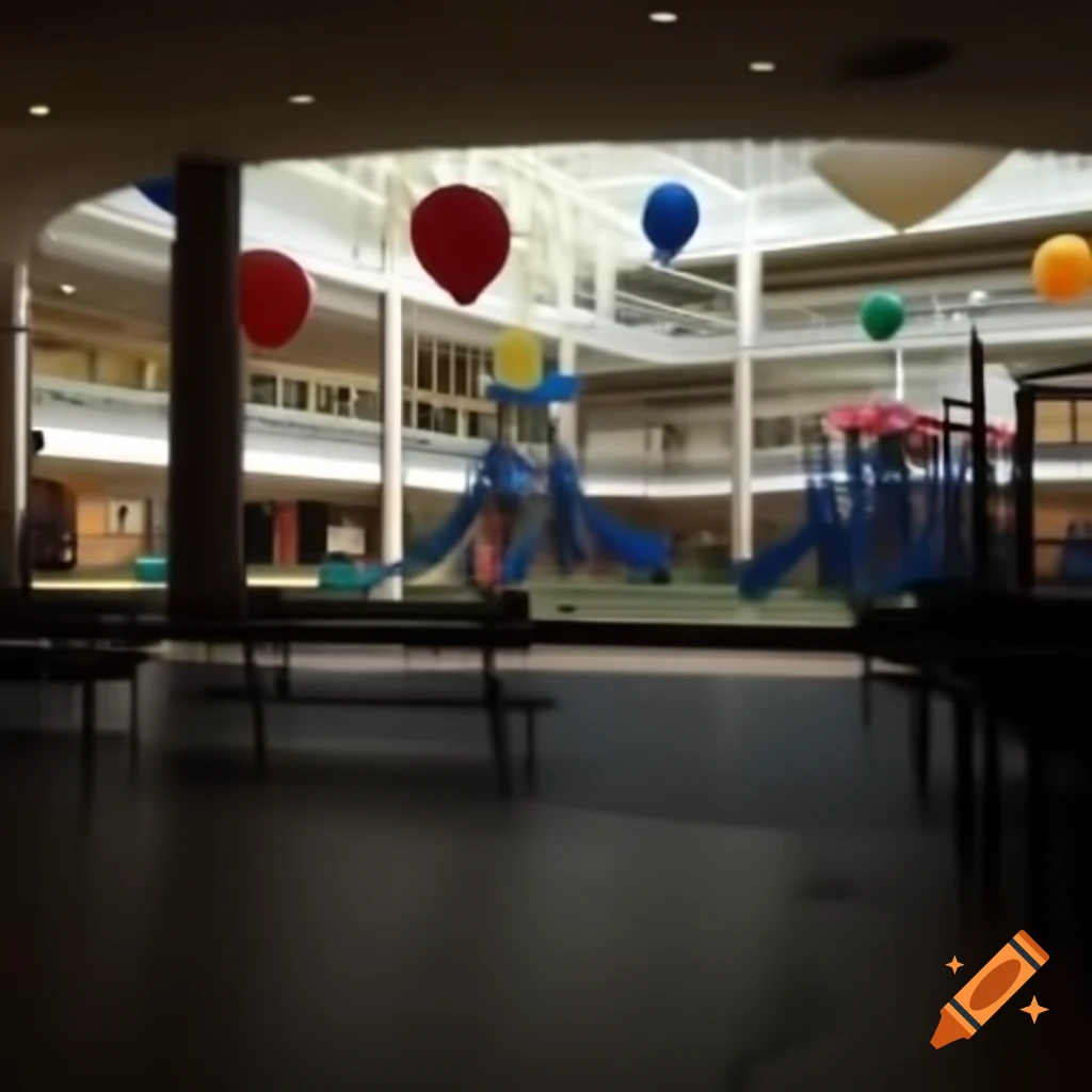 Indoor playground in empty mall center with balloons