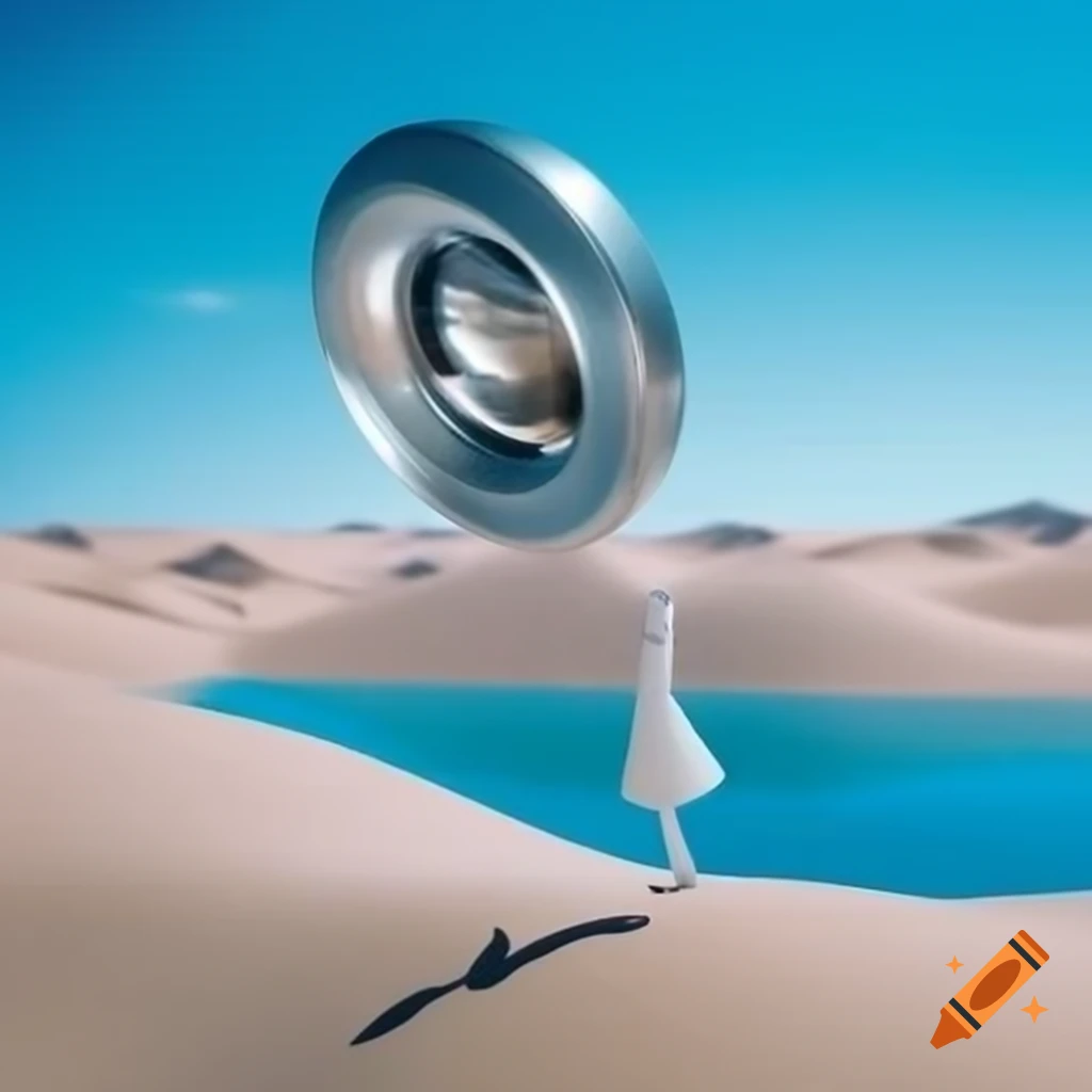 Pop surreal photography of woman silver statue in desert with blue lake