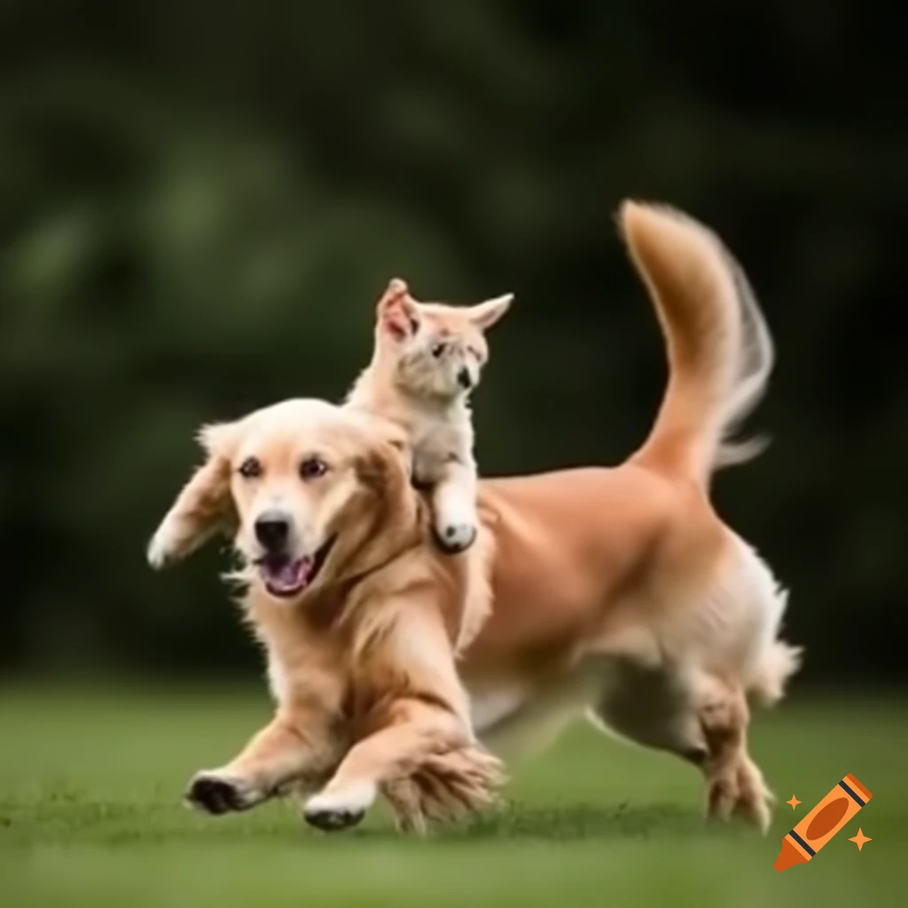 Golden Retriever playing with small cat in garden