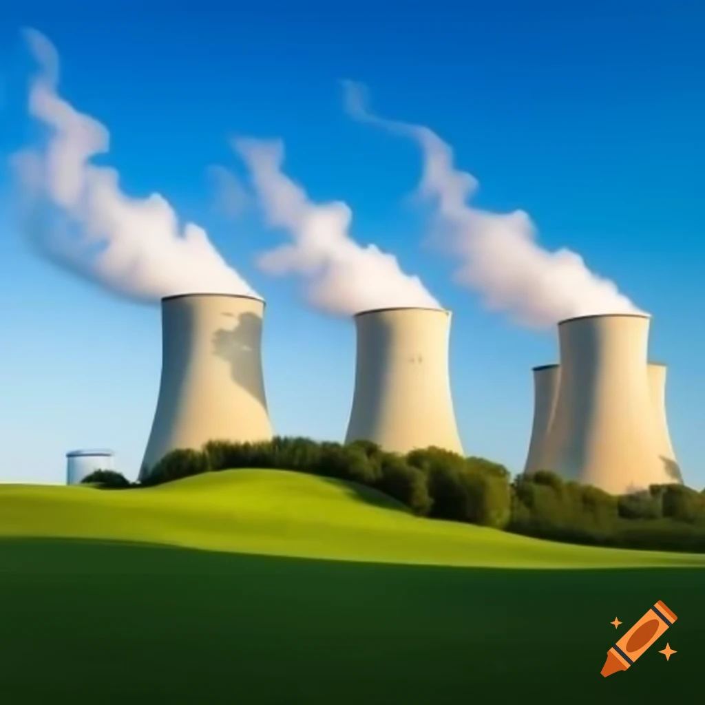 Green hillside with three cooling towers on Windows 10 background