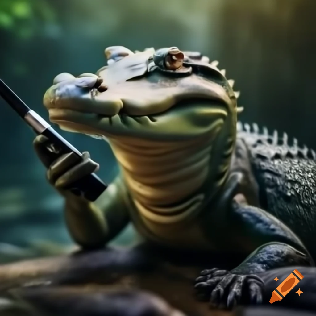 Crocodile using a walkie talkie in a humorous scene