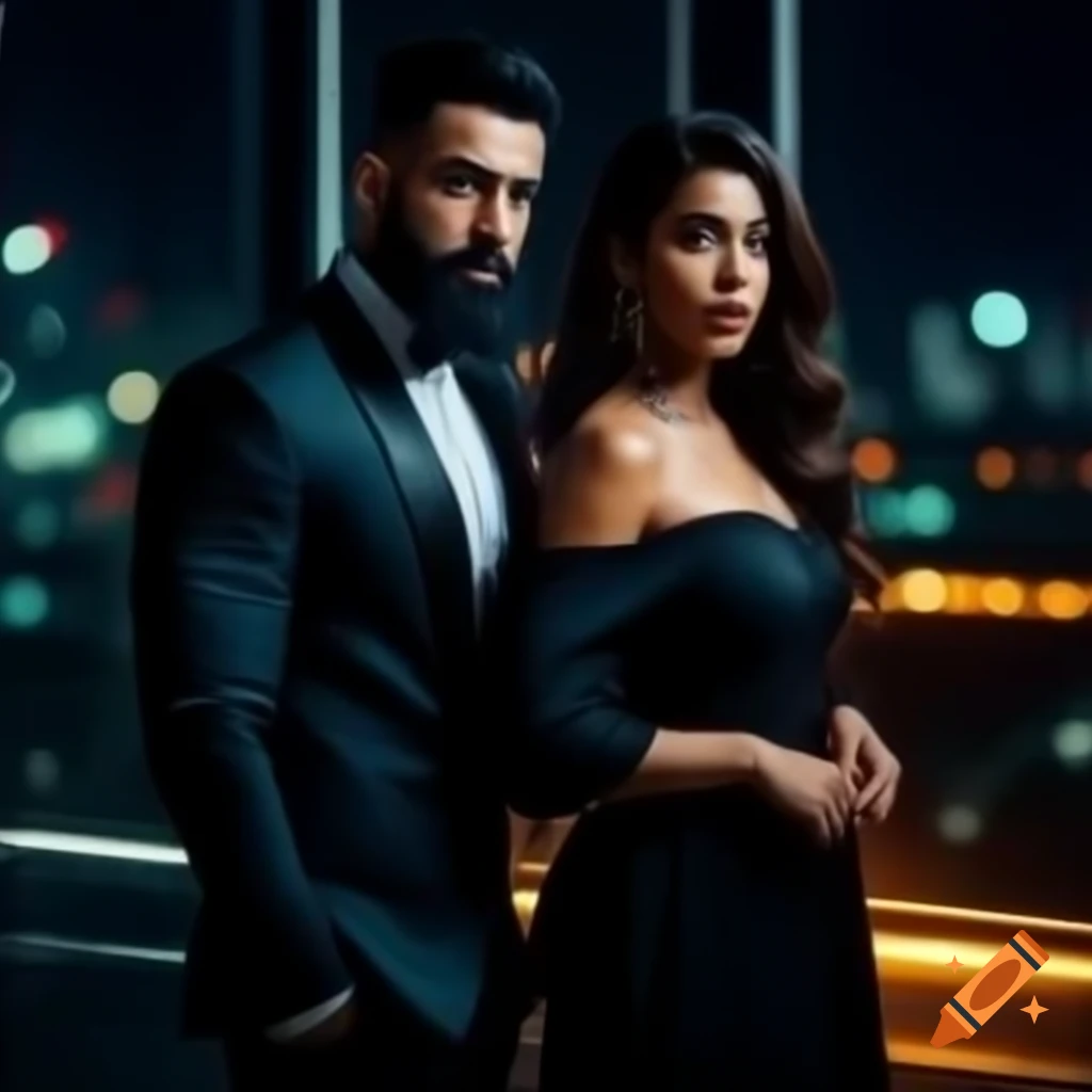 Powerful couple in formal attire against modern cityscape at night